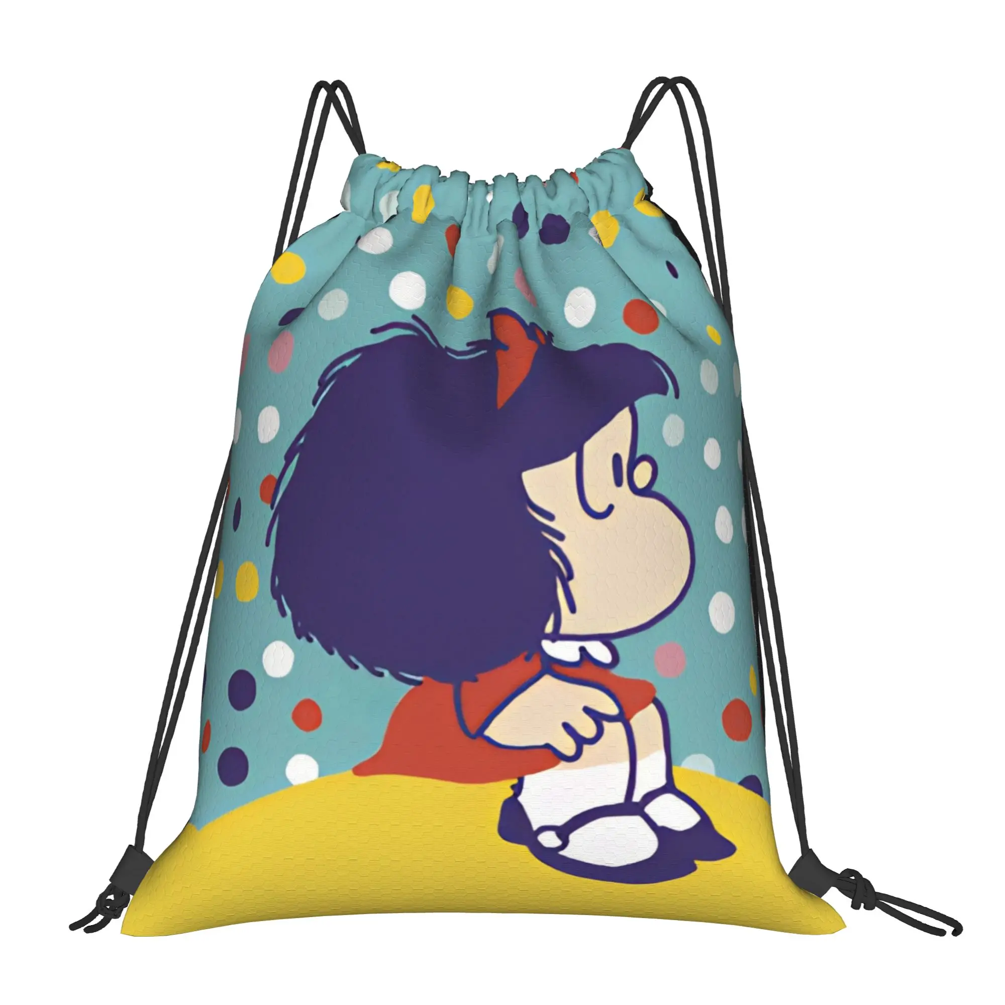 Mafaldas Polka Dot Cartoon Drawstring Backpack Sports Gym Bag Water Resistant  String Sackpack for Running 36cm (W) x 43cm (H)
