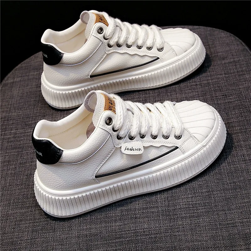 Shell Head High Top White Shoes for Women 2023 Autumn New Versatile Thick Sole Elevated Genuine Leather Casual Sports Shoes