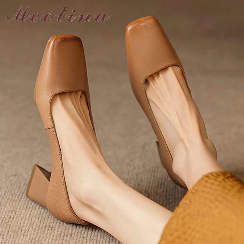 

Meotina Women Genuine Leather Square Toe Pumps Chunky High Heels Shallow Sheepskin Ladies Casual Shoes Spring Autumn Brown 40