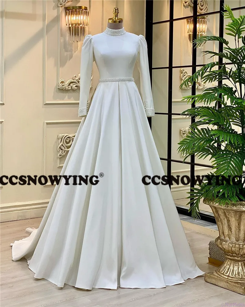 Elegante cetim frisado manga longa muçulmano vestido de casamento para a noiva vestidos de noiva islâmicos mulheres alta pescoço árabe robe de mariée