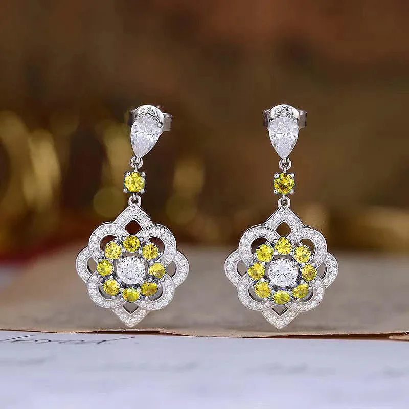 S925 Silver Ear Stud Micro Inlaid Yellow Diamond Luxury Full Diamond Classic Fragrant Style Fashion Versatile Earring Jewelry