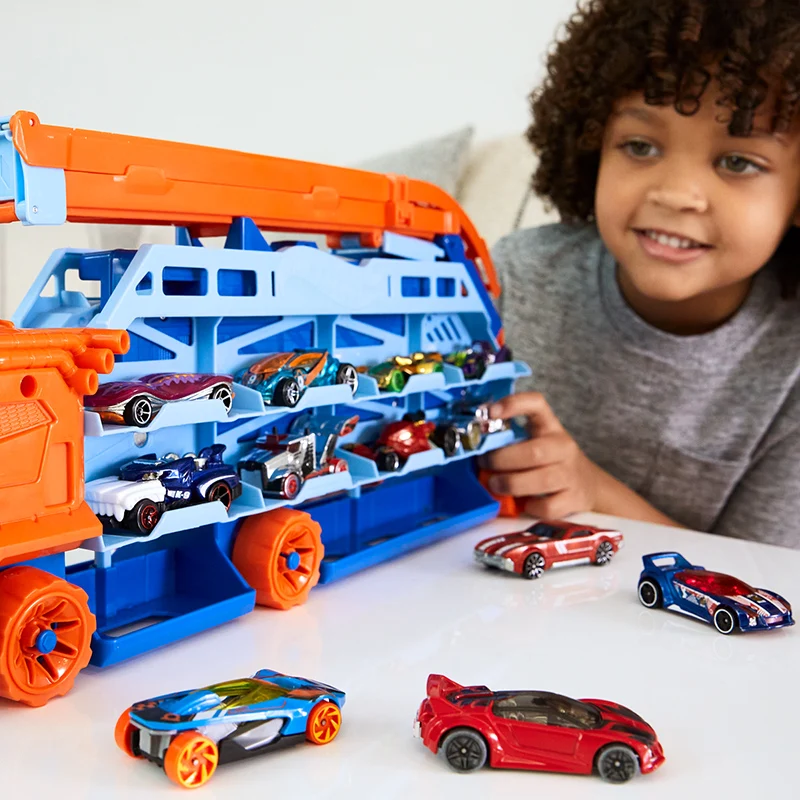 Oryginalne zabawki Hot Wheels na kółkach, szybkiej poruszające się pojazdy transportowe, możliwość przechowywania i montażu, model samochodu HDY92, prezenty dla chłopców, dostępne od ręki.