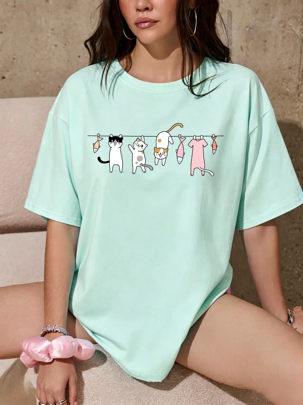 Cats And Fish Hanging On A Line Prints Cotton T-Shirts Womens Summer Oversized Tops O-Neck Soft Short Sleeve Tees Basic Clothes