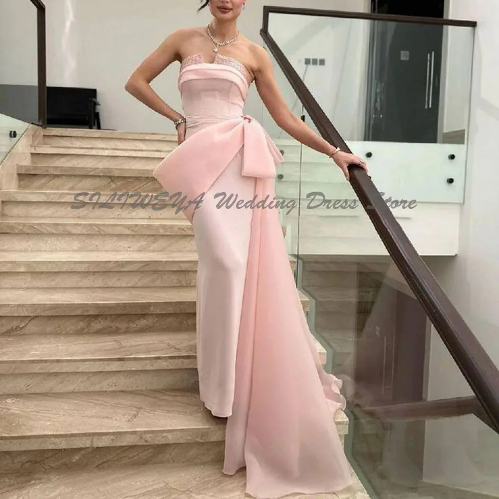 

Pink Strapless Evening Dresses Women Mermaid High Quality Floor Length Sleeveless Decoration Prom Party Female Gowns Elegant