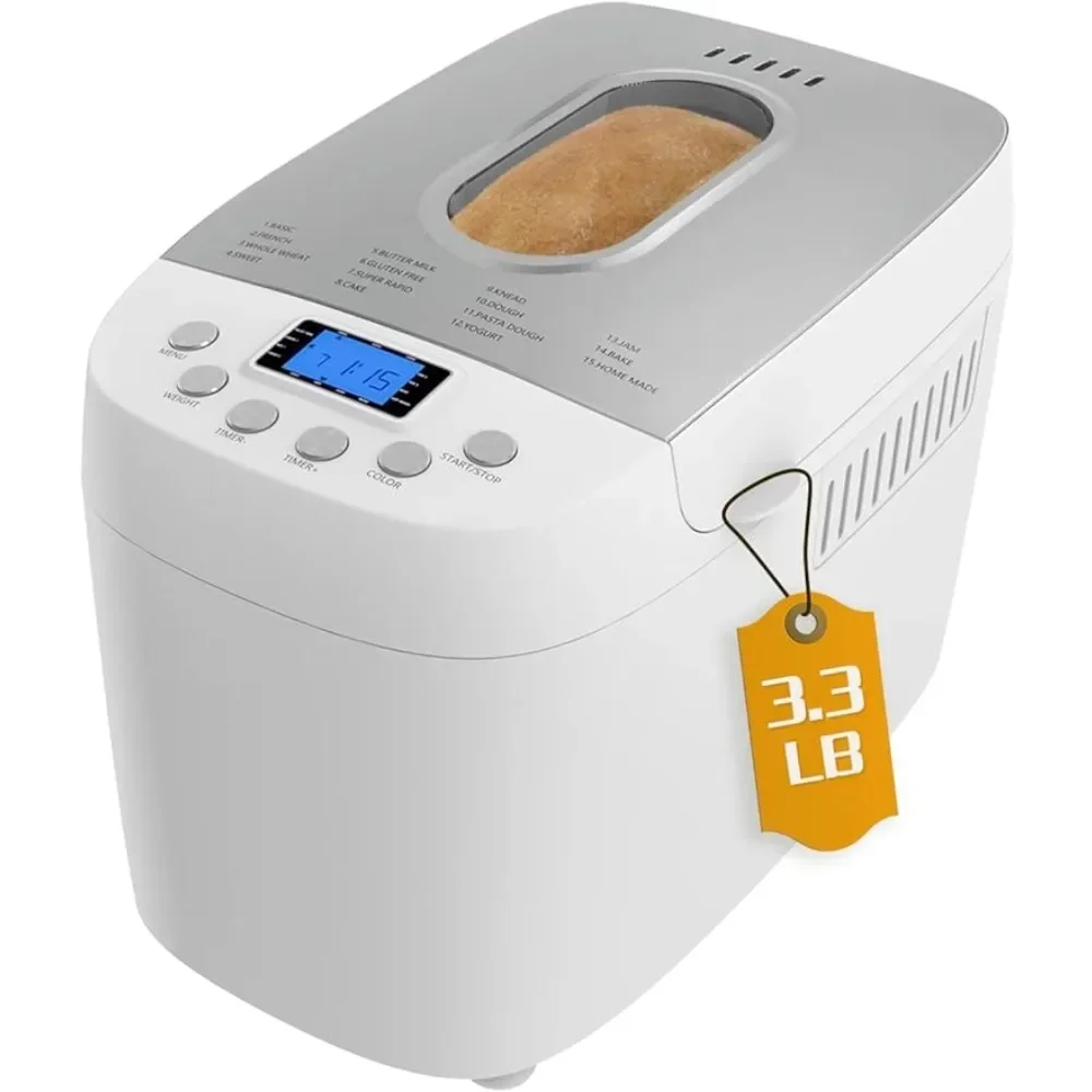 Bread maker 3LB dough maker, 15 in 1 automatic bread maker with non stick bowl, jam and yogurt, 3 different bread sizes