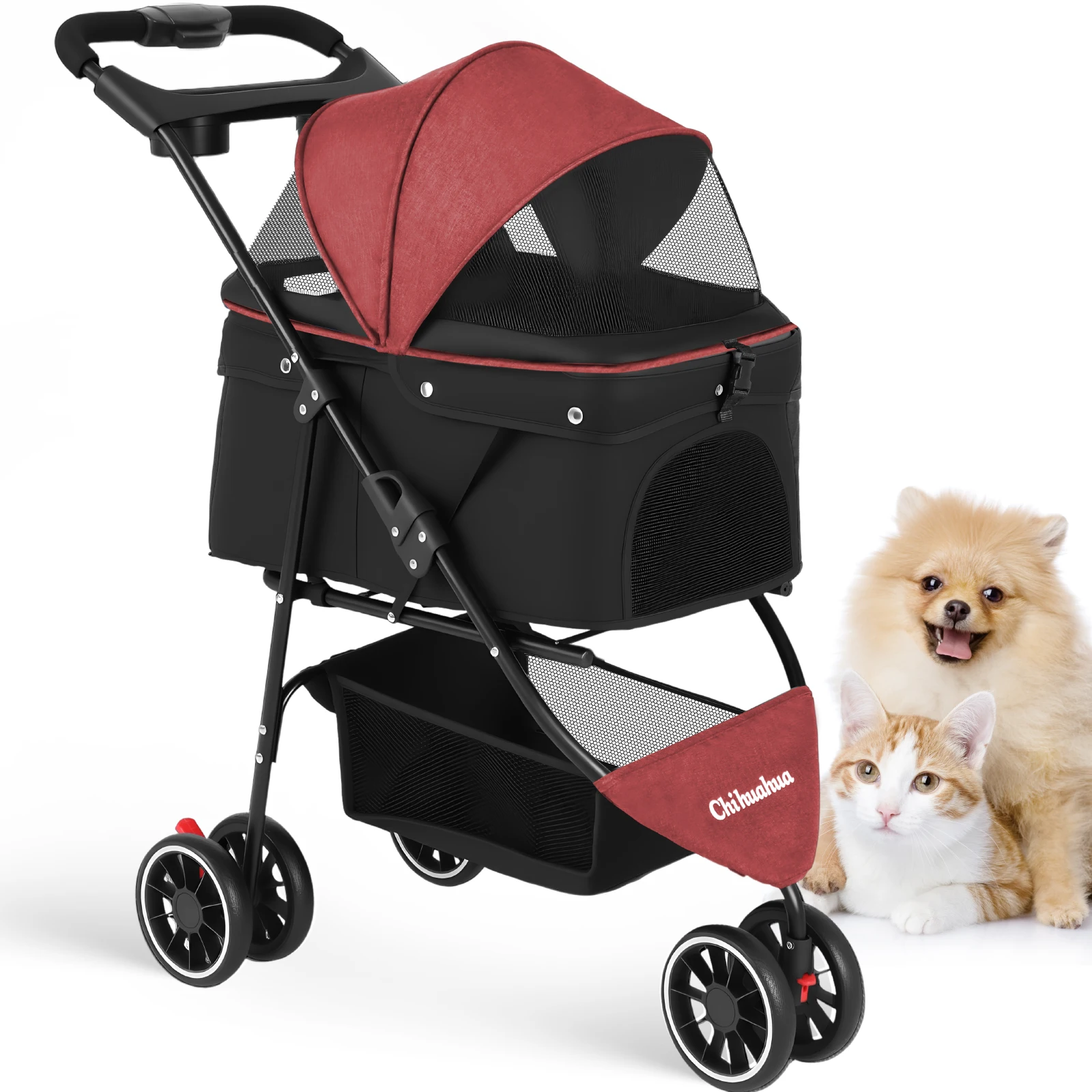 Pet Stroller For Small Medium Cats&Dogs 3 Wheels Foldable with Breathable Mesh Canopy Pet Travel Carrier Suitable Outdoor Travel