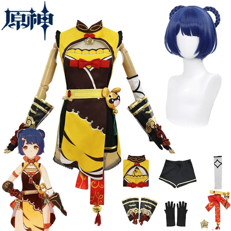 Xiangling Cosplay Costume Dress Wig Anime Game Genshin Impact Xiang Ling Cosplay Dress Wigs Halloween Costumes for Women