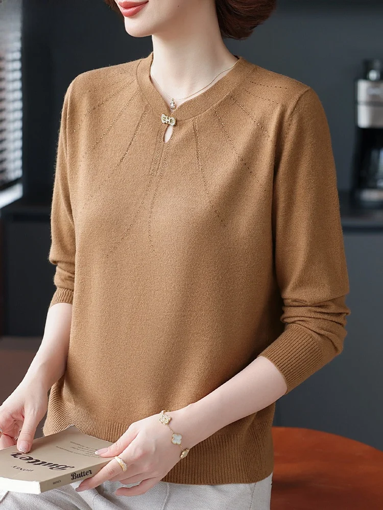 

Вязаный свитер Sli для женщин среднего и старшего возраста, корейский стиль, свободный крой, круглый вырез, универсальный, для повседневной носки