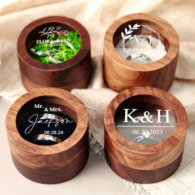 Free Personalized Ring Box Walunt Wood Round Wedding Proposal Engagement Ring Boxes with Clear Cover Free Printing Name and Date
