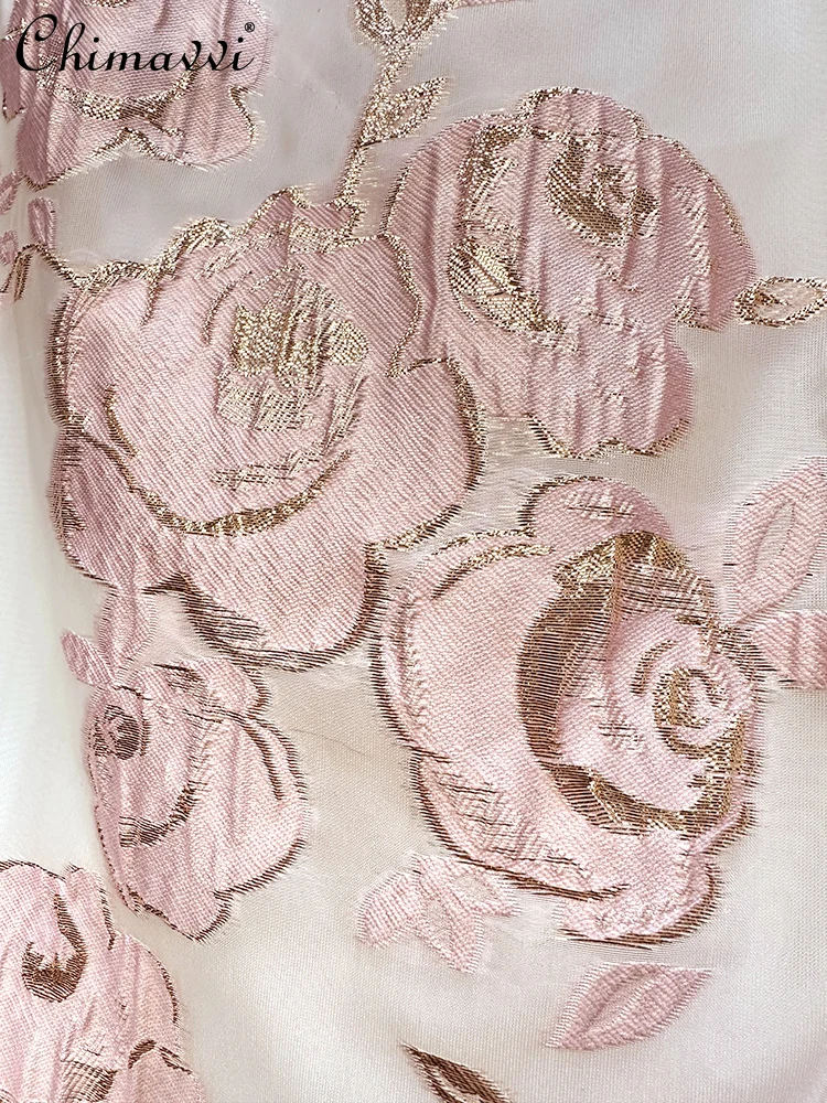 High-end Organza Handmade Diamond Bronzing Embroidered Flower Sweet Dress Summer New Round Neck Slim-fit Elegant Dresses