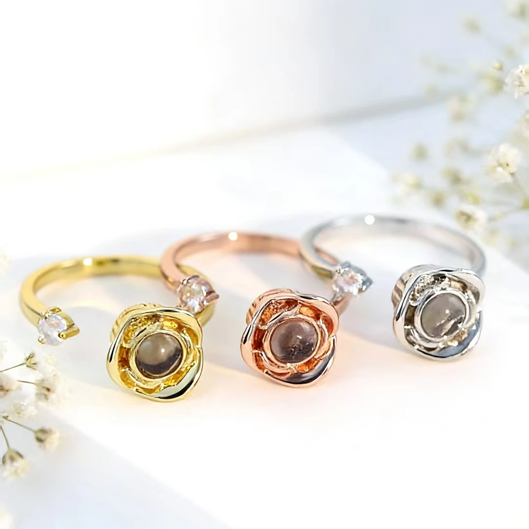 

Romantic Custom Text Projection Rose Open Ring, 100 I Love You Languages Engraved, Adjustable Christmas Valentine Birthday Gift