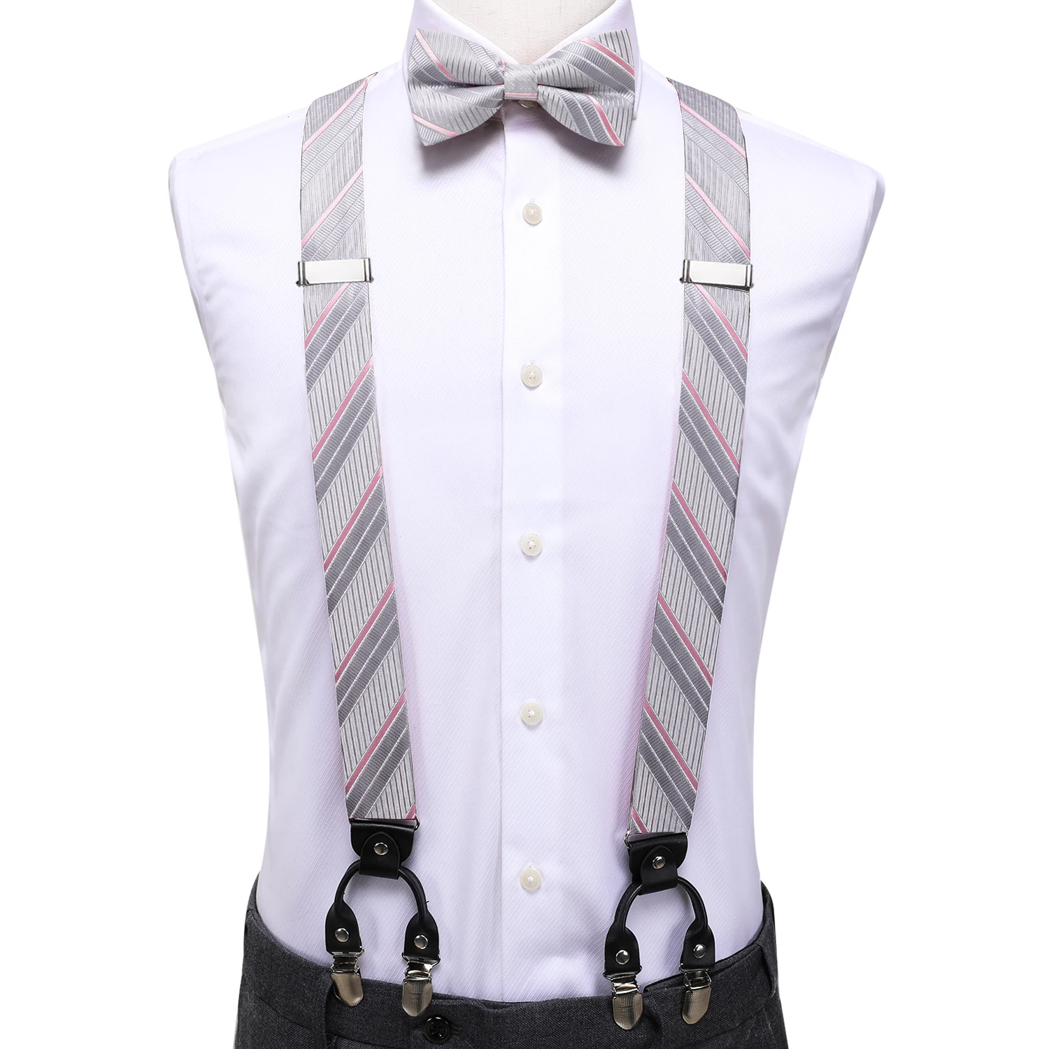 Hi-Tie Striped Silver Pink Silk Men Suspender Bowtie Hanky Cufflink Adjustable Clip On Brace for Male Wedding Business Wholesale