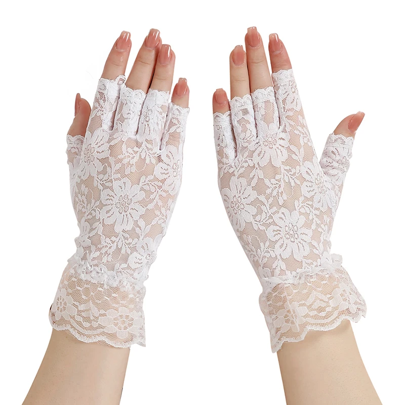 Summer Women Lace Driving Sun Protection Finger Gloves Wedding Thin Elasticity Mesh Touchable Screen Half Finger Short Gloves
