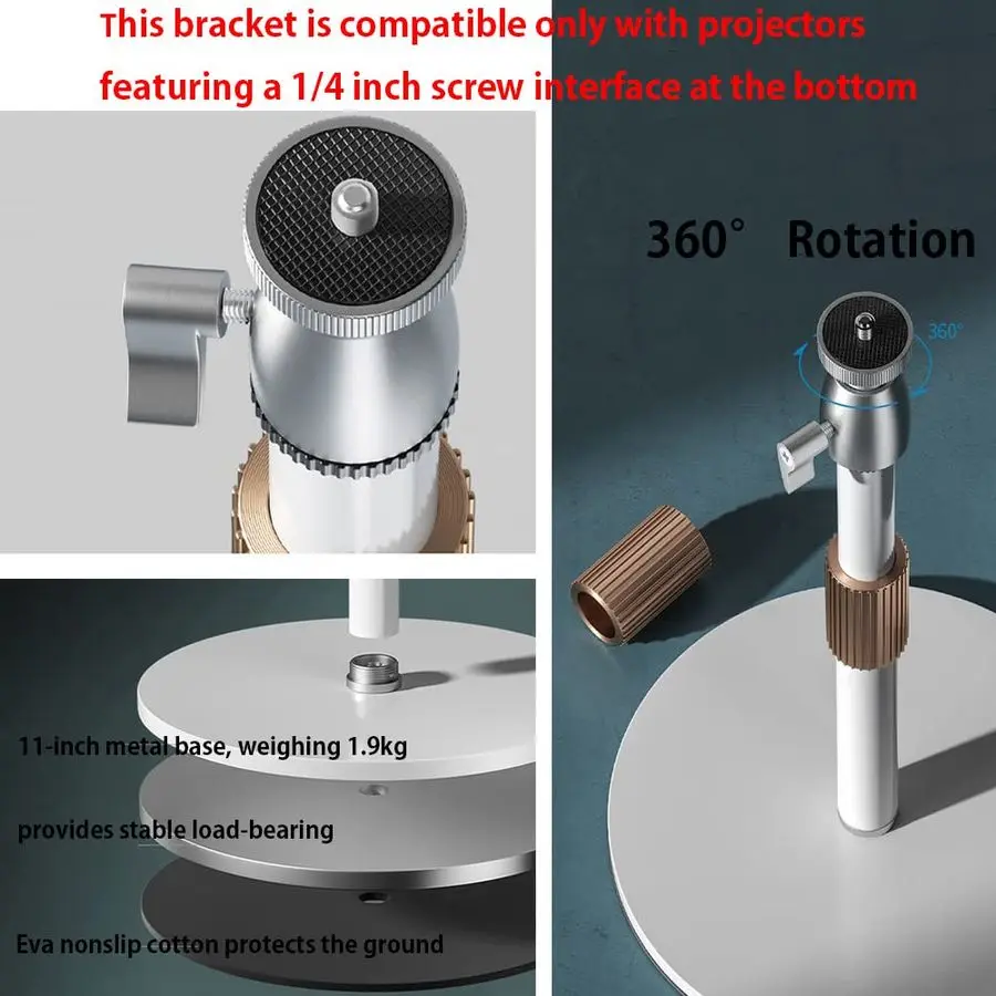 Suporte de projetor com base de metal estável, extensão flexível e ajuste de ângulo, gerenciamento de cabos, interface de 1/4 polegadas ideal para