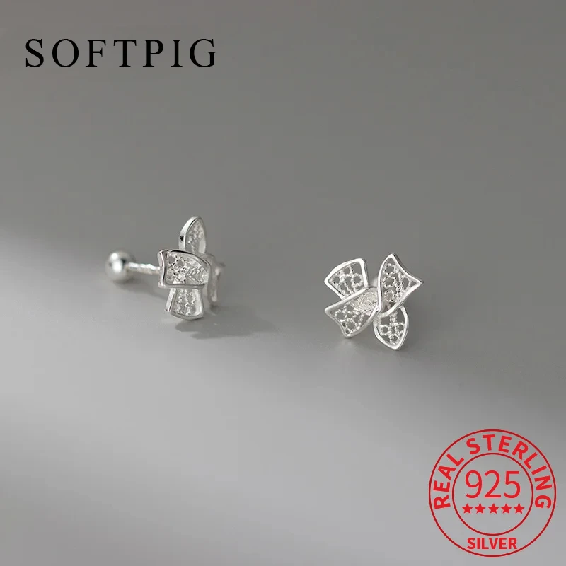 

SOFTPIG Real 925 Sterling Silver Hollow Silk Flower Bowknot Stud Earrings for Women Cute Fine Jewelry Light Luxury Accessories