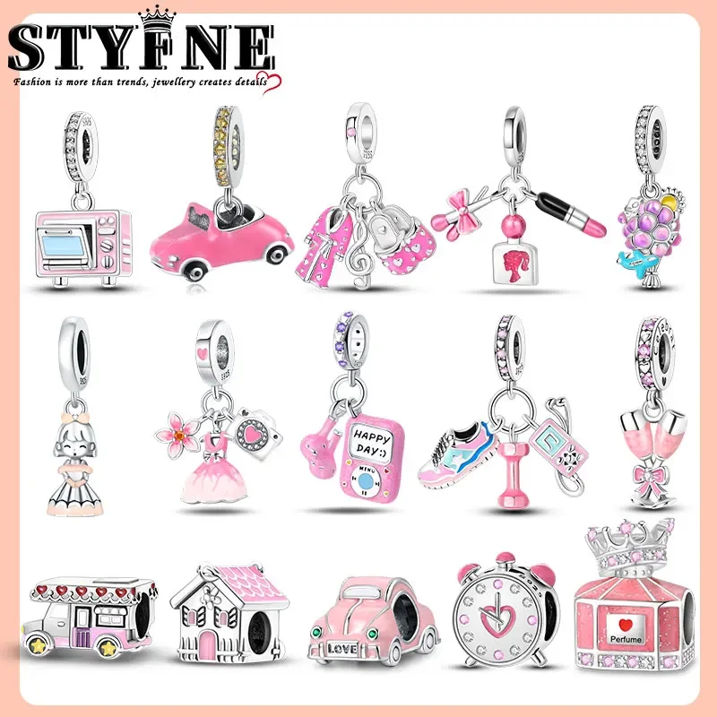 925 Sterling Silver Sweet Cottage Car Charm Beads Pink Collection Characters with Travel Hobbies Adolescent Girl Style