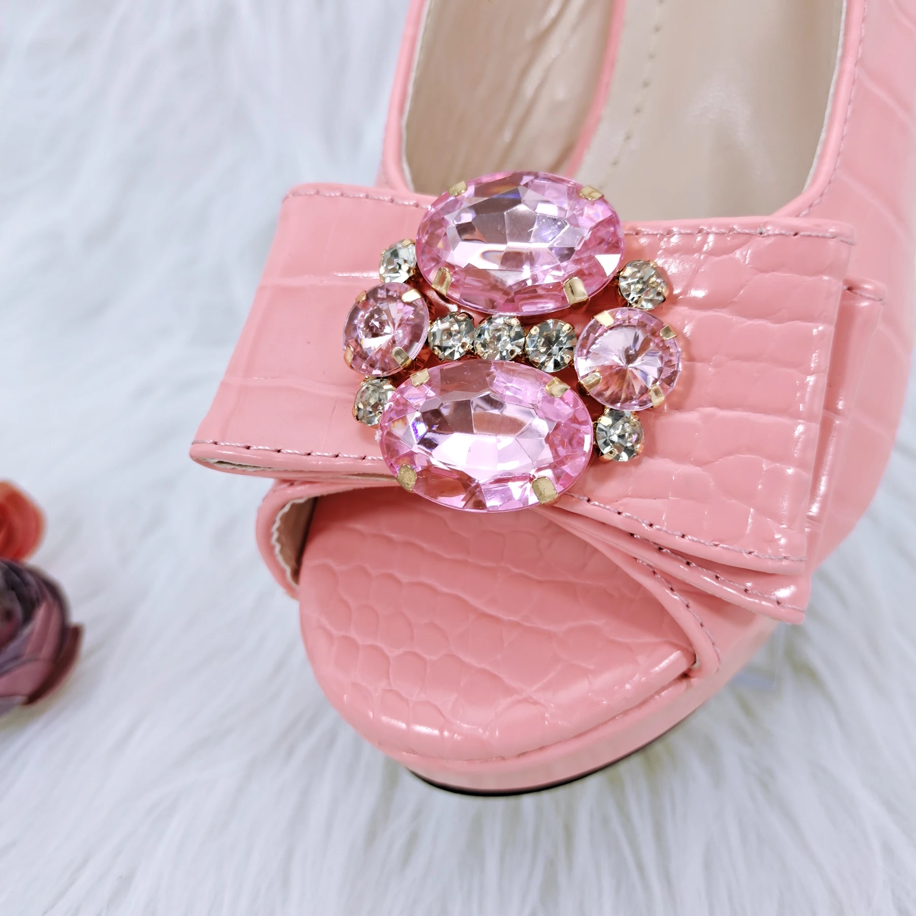 QSGFC African Newest Mature Classics Style Platform Design Rhinestone Decoration Party Wedding Shoes and Bag in Pink Color