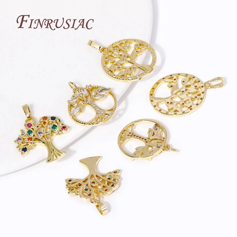 Trendy Inlaid Colored Zircon Tree Pendants 18K Gold Plated Brass Round Charms Jewelry Making Supplies DIY Necklaces Accessories