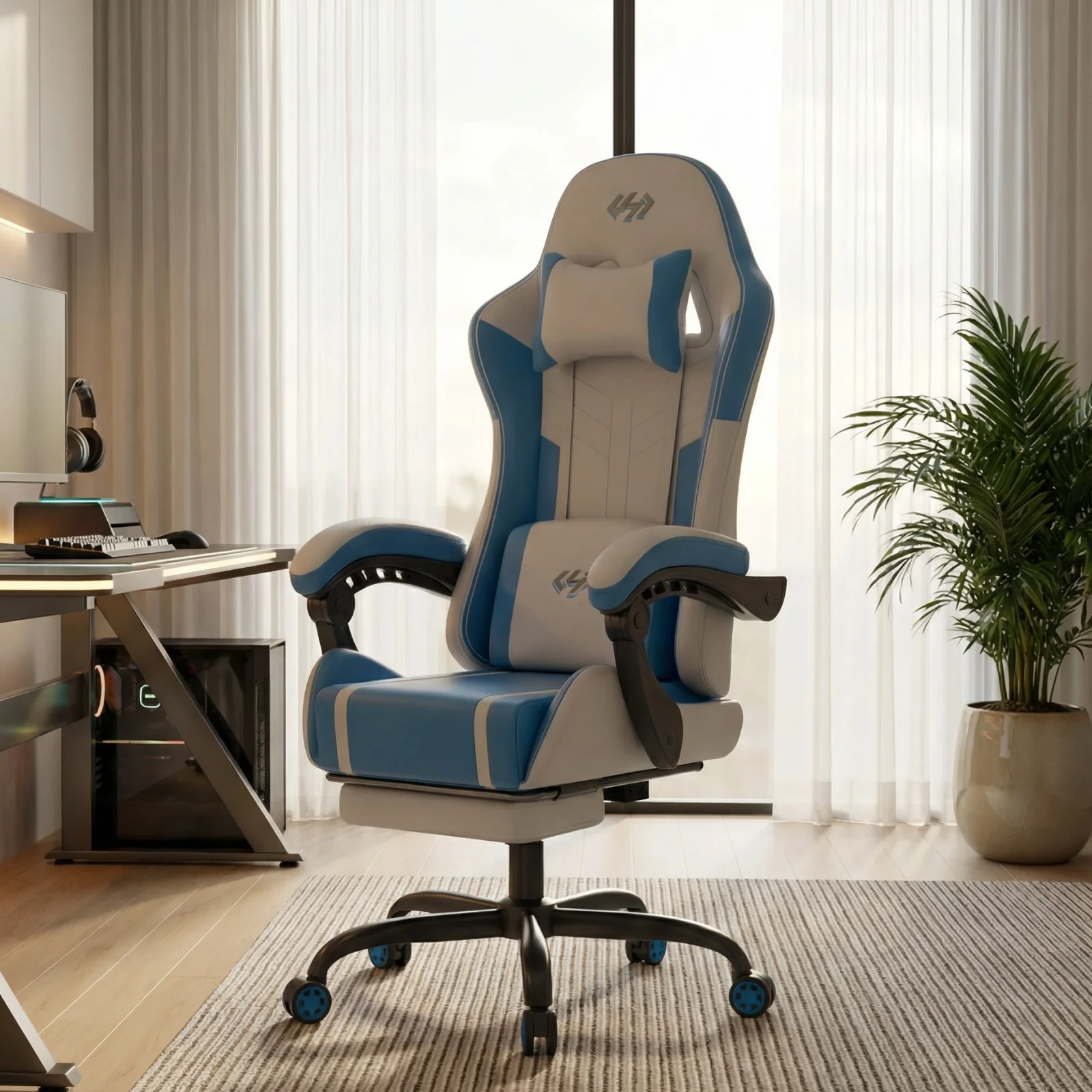 

Ergonomic Gaming Chair, Lumbar Massage & Adjustable Headrest, PU Leather Computer Seat with Retractable Footrest and 360° Swivel