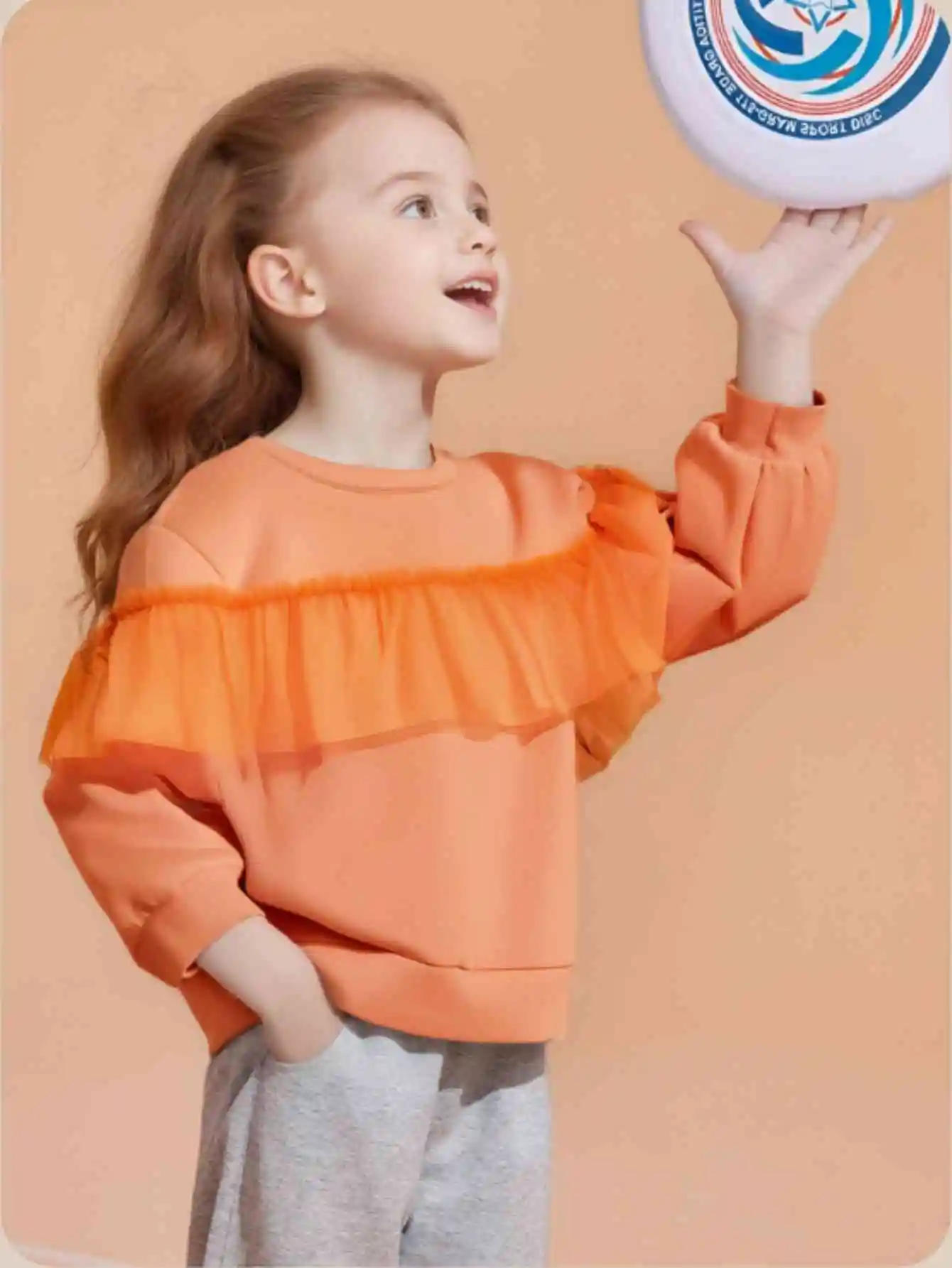 Spring and Autumn children's girls orange round neck long sleeve top stitching lace sweet comfortable breathable short hoodie