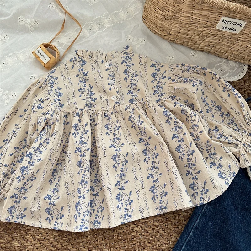 Neue süße Mädchen-Blumen-Hemden mit Puffärmeln, 2025, Frühling und Herbst, koreanische Kinder, Spitzenkragen, Baumwollblusen, Baby-Mädchen-Casual-Tops – Detail 1
