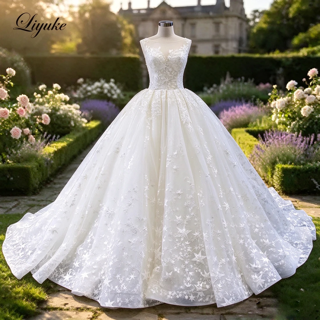 Liyuke Custom Made New Arrival Sleeveless Ball Gown Wedding Dresses Star Lace With Chapel Train Bride Dress