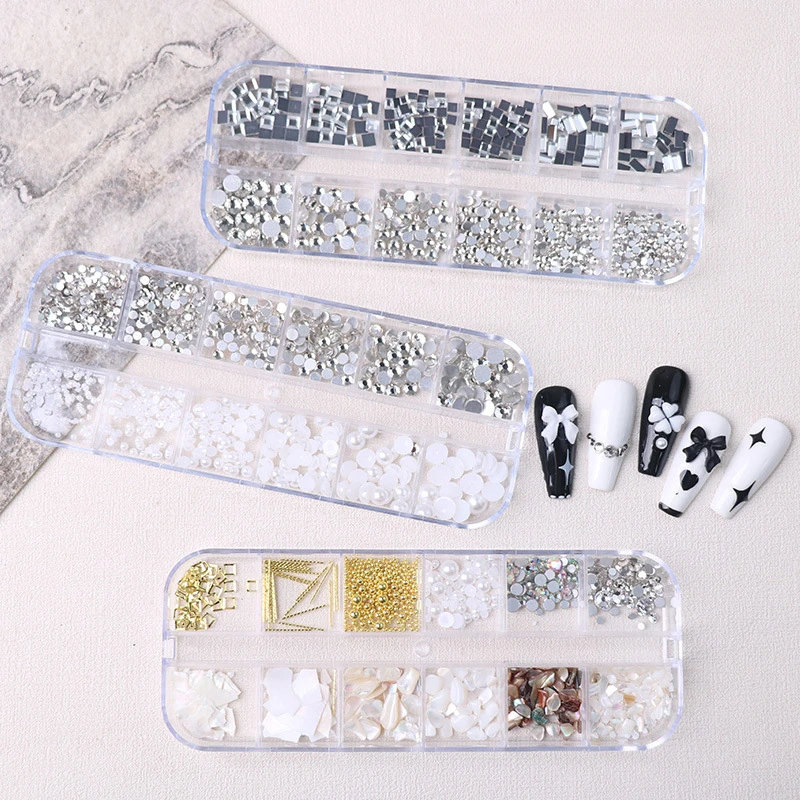 12 Grids Butterfly Nail Art Decorations Set with Mixed Shells, Rivet, Pearl Rhinestones Mixed Shapes and Colors