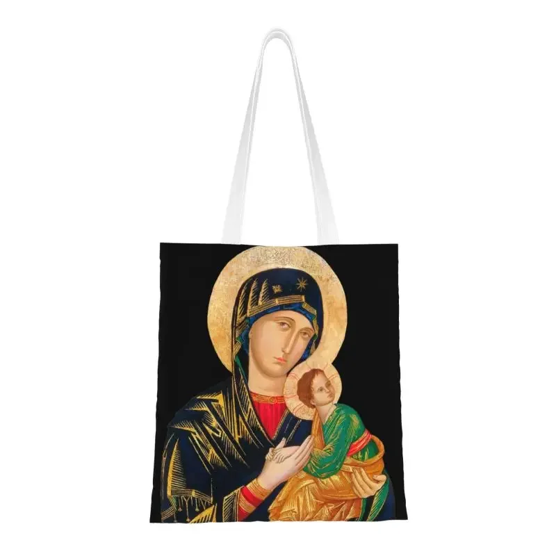 Funny Print Our Lady Of Perpetual Help Tote Shopping Bags Recycling Canvas Shoulder Shopper Catholic Virgin Mary Handbag