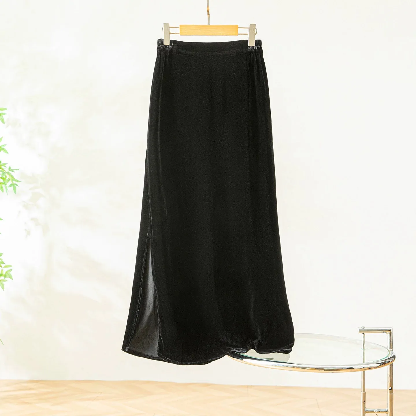 Winsleter-Silk Velvet Elegant Skirts, Elastic Waist Solid, Women French Retro Temperament Straight Skirt, 2026 Autumn B69138CC