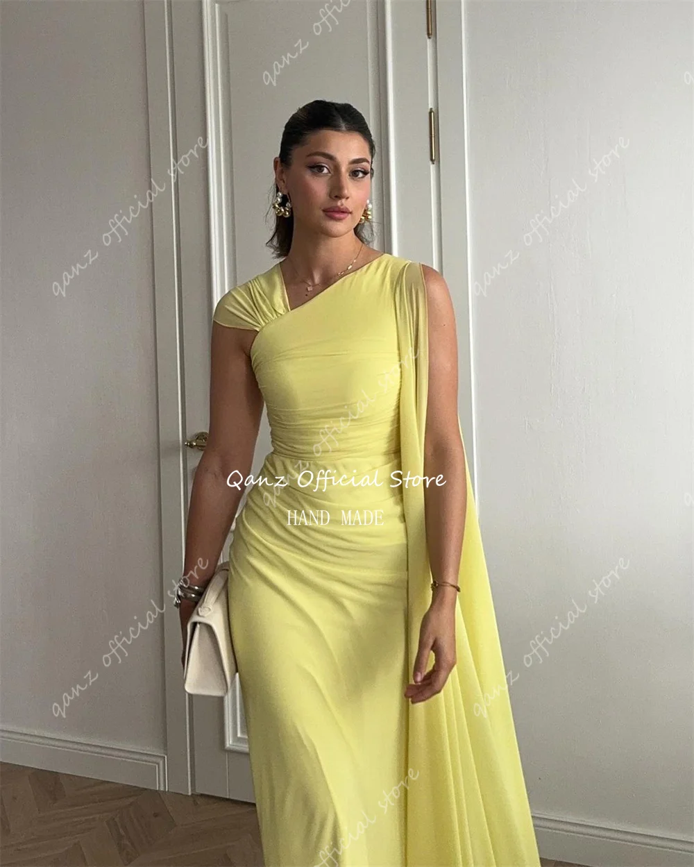 Qanz Formal Chiffon Arabic Evening Dresses One Shoulder Floor Length Abendkleider Dubai Elegant Mermaid Party Dresses Customized