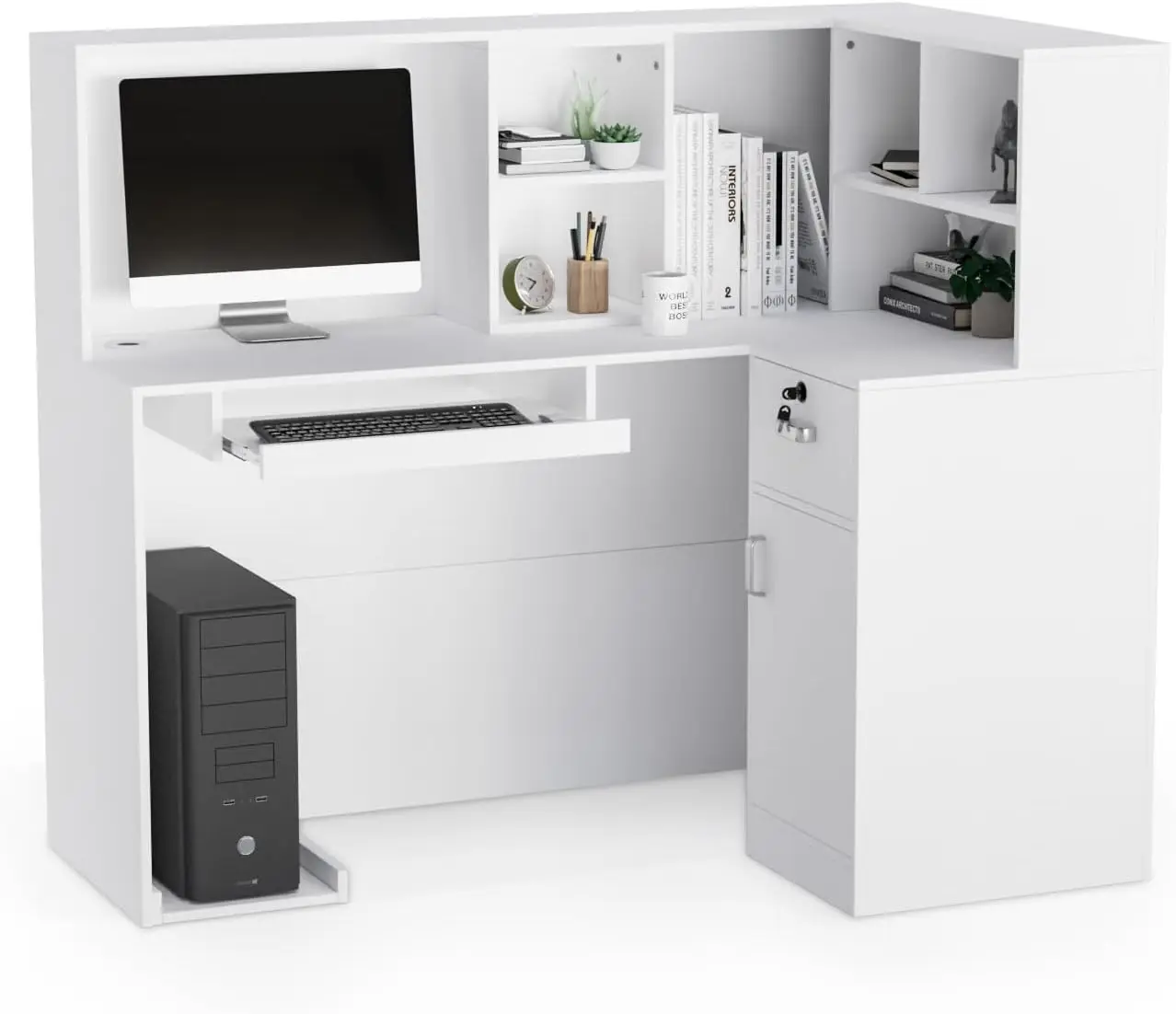 Modern Reception Desk, L-Shaped Front Desk with Moveable Shelves and Lockable Drawers, Retail Checkout Counter Table, for Lobby