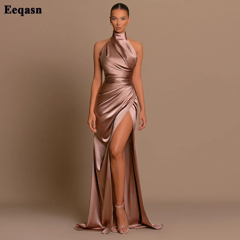 Eeqasn-Vestido cetim de seda simples para mulheres, vestidos de festa, vestidos formais Split Prom, Halter Floor Length, Long ocasião especial