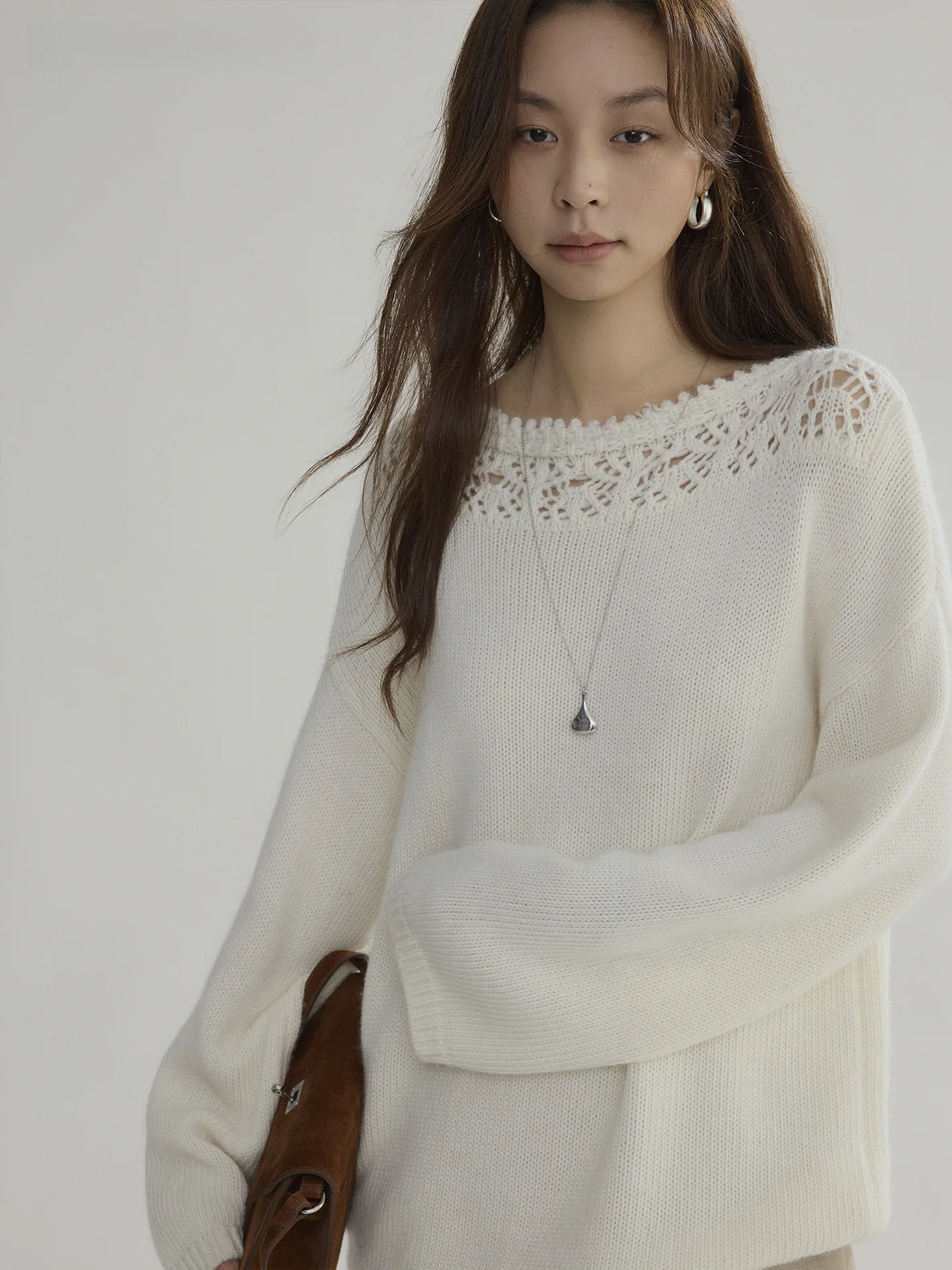 

Joli Choose Women's Faionable Hollow out Lace Collar Sweater Soft Nylon Blend Long Sve Casual High-End Feeling Spring 2026