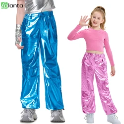 LOlanta Girls Metallic Jogger Pants Jazz Street Hip Hop Dance Shiny Trousers Loose Fit Cargo Pants Elastic Waist Streetwear