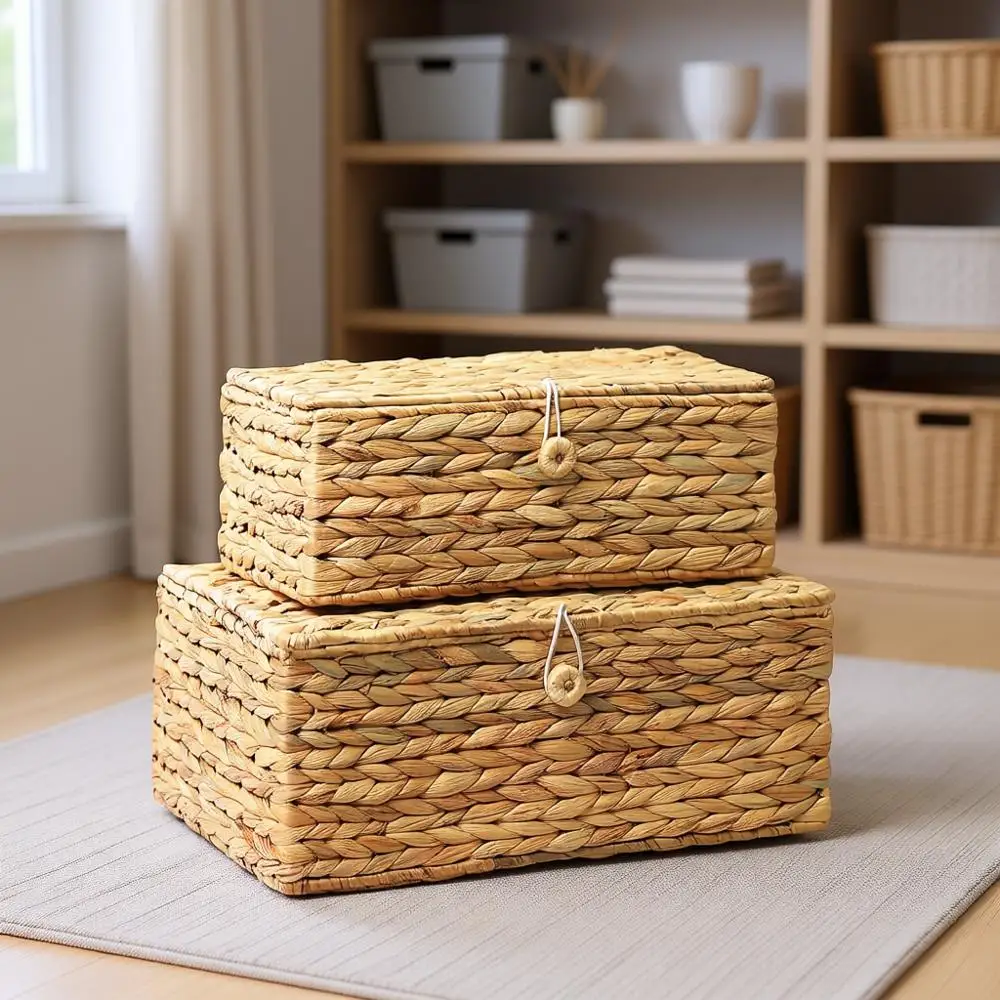 

Rectangular Wicker Storage Bins with Lid, Rattan Basket Decorative Boxes, Multipurpose Organizer Display Boxes for Shelf Organiz