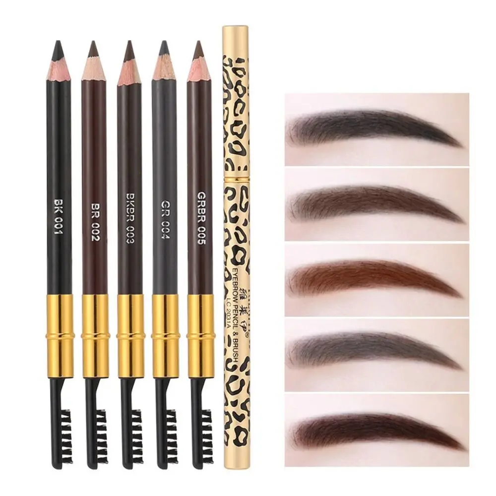 5-color Leopard Print Eyebrow Pencil, Metal Case, Double-headed Eyeliner, Iron Dual-use Cosmetic Pencil with Eyebrow Comb