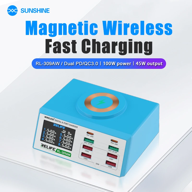 

RELIFE RL-309AW PD QC3.0 8+1 Port Desktop Charger Tools Magnetic Wireless Fast Charging Tool for Mobile Phone Tablets Laptops