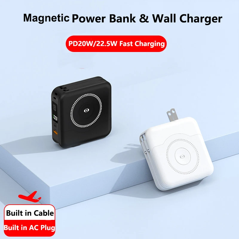 

10000mAh Magnetic Wireless Power Bank with Cable Plug Wall Charger 22.5W Fast Charging for iPhone 15 14 iWatch Airpods Powerbank
