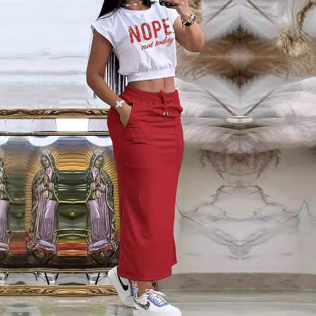 Summer Letter Print Crop Top & Hem Split Maxi Skirt Set for Women Pocket Decor Drawstring Dwuczęściowy zestaw sukienek Work Lady Outfits