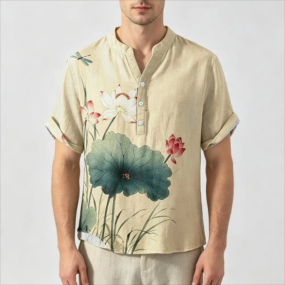 Oriental Koi Crane Phoenix Lotus Print Loose Casual Tee Men Cotton Henley Shirt Daily Beach Vacation Streetwear PlusSize XXS‑4XL
