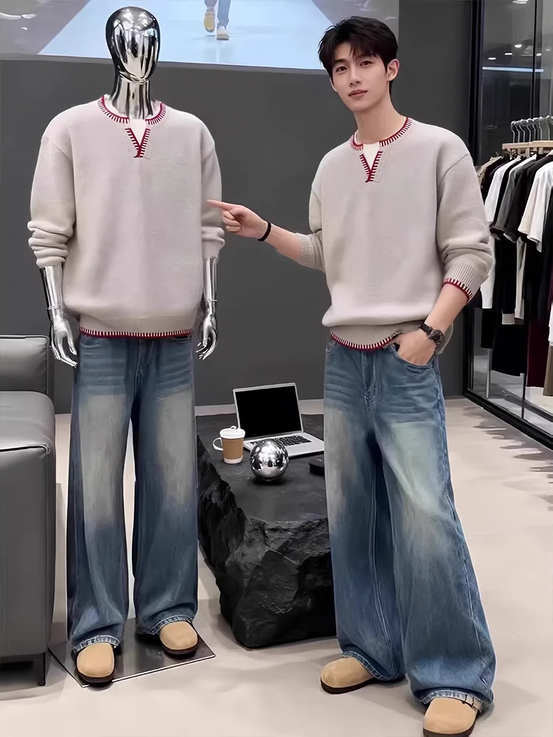 

Men's V-Ne Knitted Sweater Winter Casual Sle Color Blo Inner Wear Fake Two-Piece round Ne Base irt Comfortable Soft...