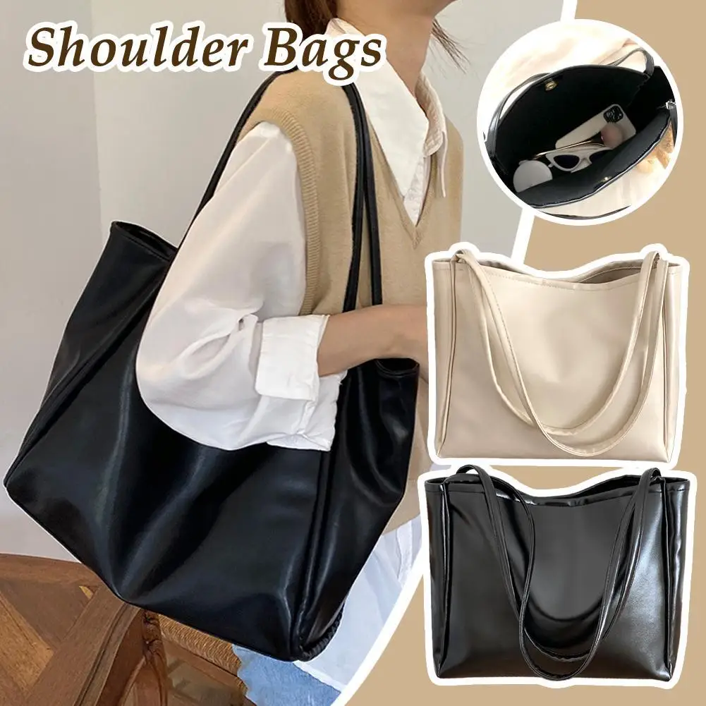 Female Big Soft Leather Satchel Bag Classic Solid Color Casual Large Simple Single Shoulder Shopper Totes Tote Fashion Capa Y2E5