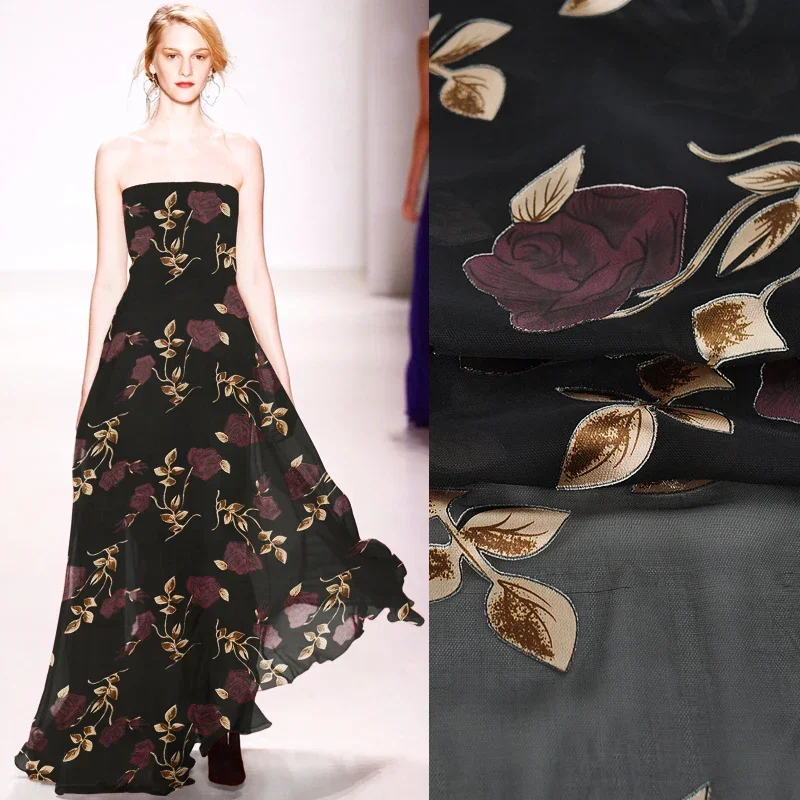 

135CM Wide 75G/M Purple Rose Thin Burntout Black Fabric Good for Summer Dress Skirt Shirt DIY Sewing Material JH184