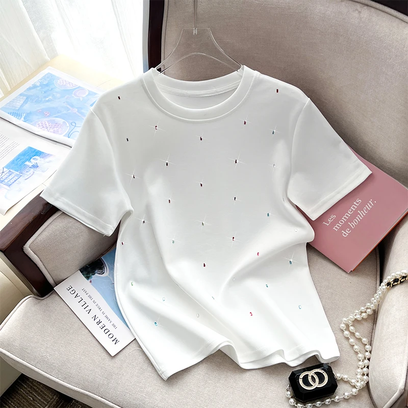 Fashion Diamond T Shirts Summer Tee Tops High Quality Cotton Short Sleeve Kawaii Clothes Korean 2024 Y2K