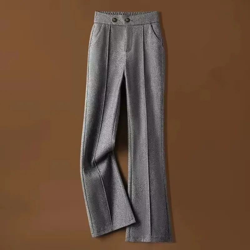 ファッションレディース厚いカジュアルストレートズボン女性ルーズパンタロン秋冬女性ハイウエストウールフレアパンツ ﻿