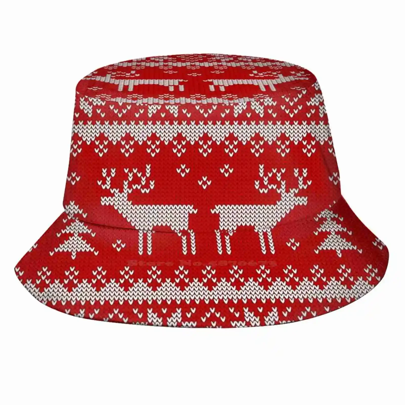 Knitted Scandinavian Ornament With Deers. Pattern Design Printed Travel Bucket Hats Knitted Pattern Vector Scandinavian