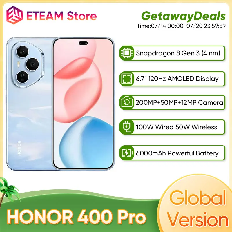 

2025 Global Version HONOR 400 Pro 5G Smartphone Snapdragon 8 Gen 3 6.7'' AMOLED Display 200MP 100W Wired 50W Wireless IP68&IP69