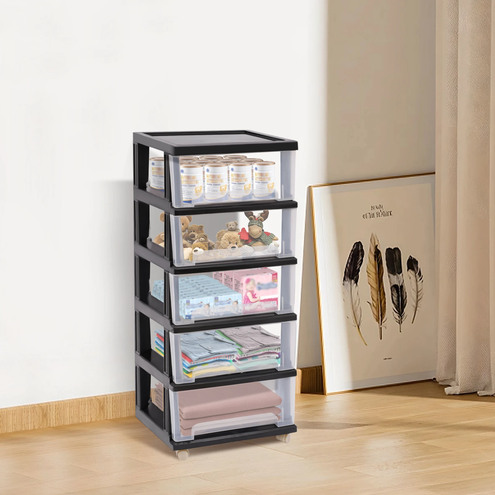 Fabric Dresser W/5 Drawer Storage Chest Tower Cabinet Organizer Unit for Bedroom, Multi-purpose Container Home