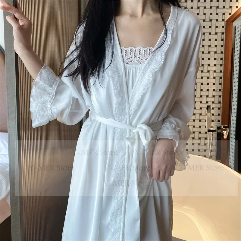 Thin Satin Vestidos De Novia Elegant Floral Trim Sleepwear Robe Suit Women Sexy Spaghetti Strap Pijama Mujer Kimono Bathrobe