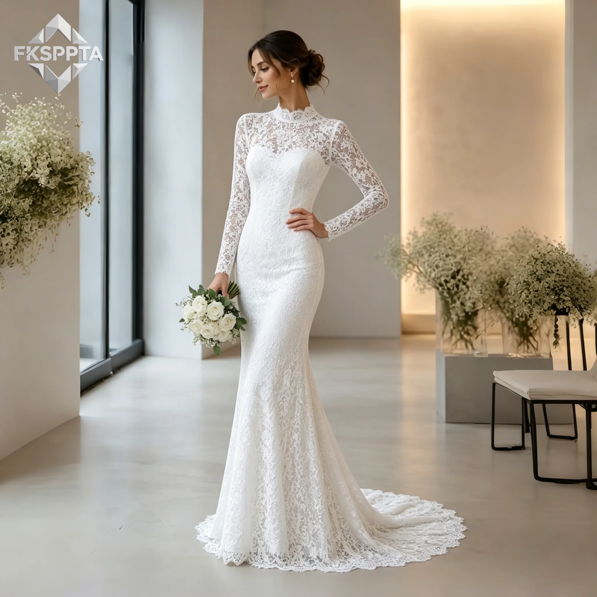 High Neck Mermaid Wedding Dress Full Lace Long Sleeves Sheer Back Fitted Vintage Bridal Gown For Wedding Ceremony Vestido Noiva